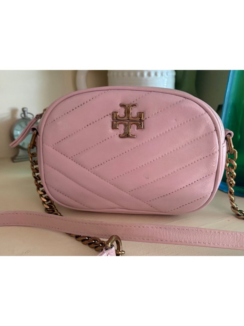 Tory Burch Kira Quilted Chevron Camera Crossbody Bag Rolled Gold Pink Leather
